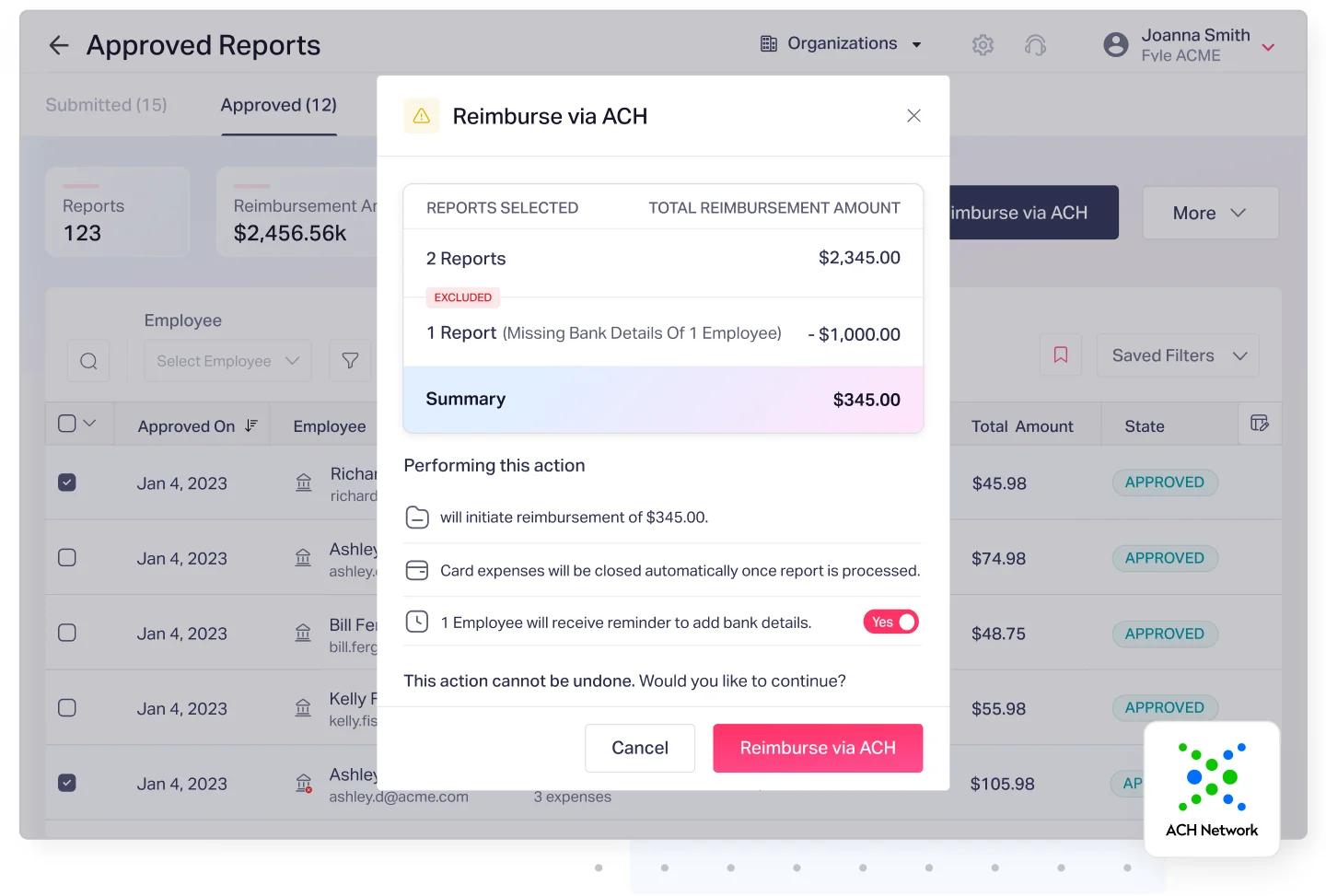 Fyle’s ACH reimbursement dashboard