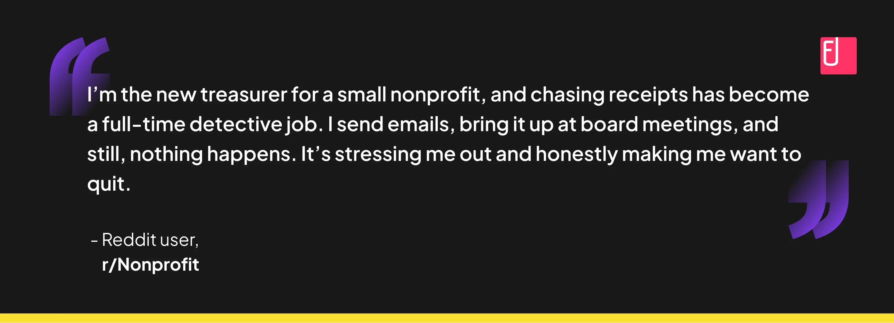 A Reddit user describing their struggle with chasing receipts at a nonprofit