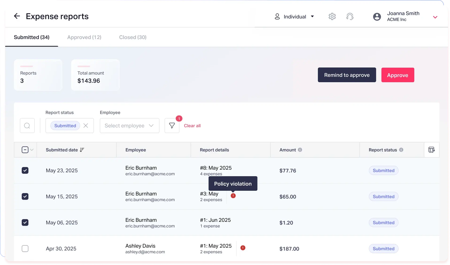 Policy violation alerts on the Fyle dashboard