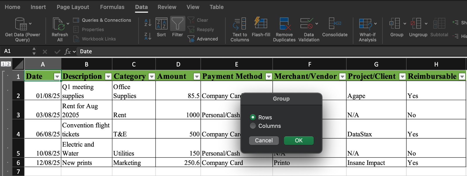 Organise a Spreadsheet for Business Expenses