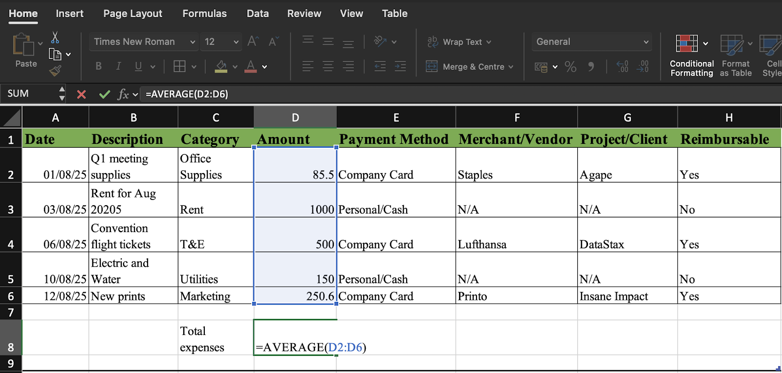 AVERAGE formula in Excel