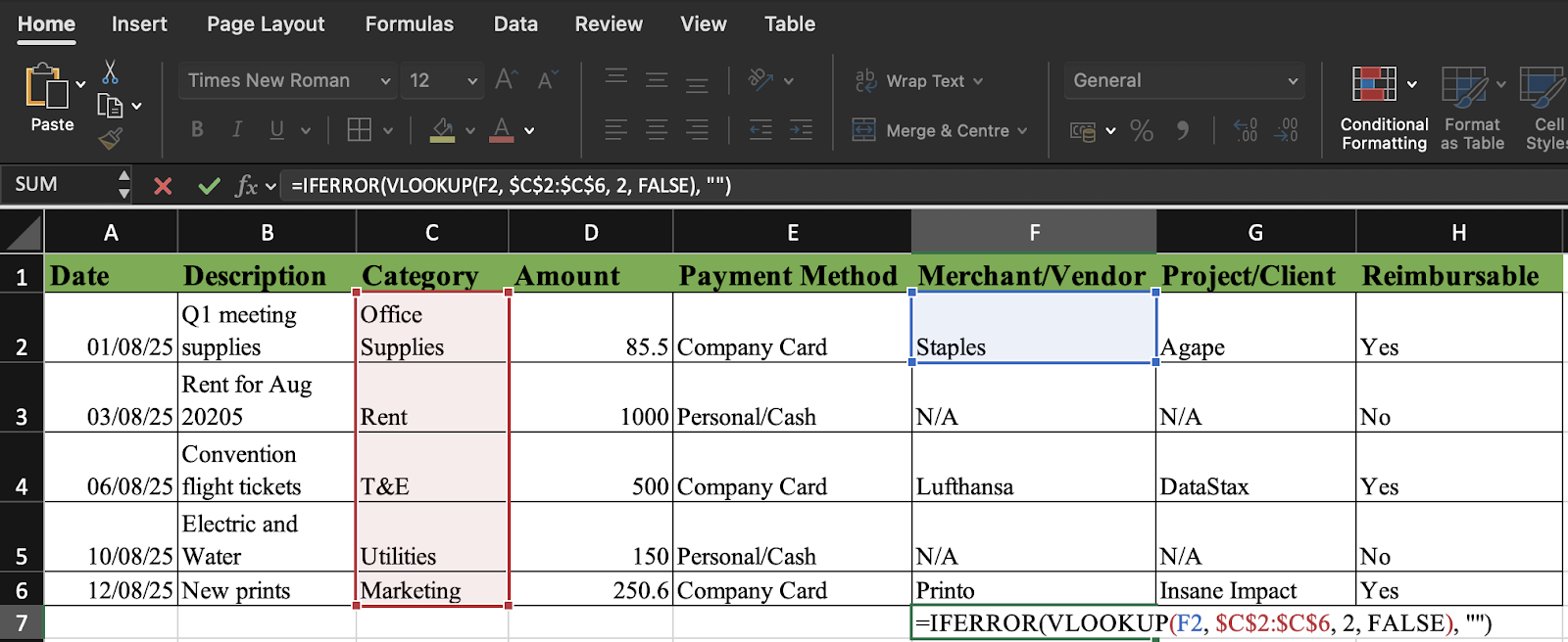 VLOOKUP formula in excel
