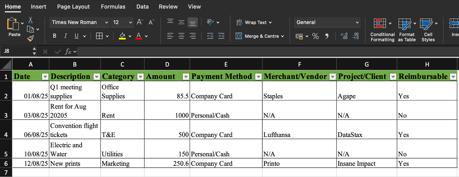 Organise a Spreadsheet for Business Expenses