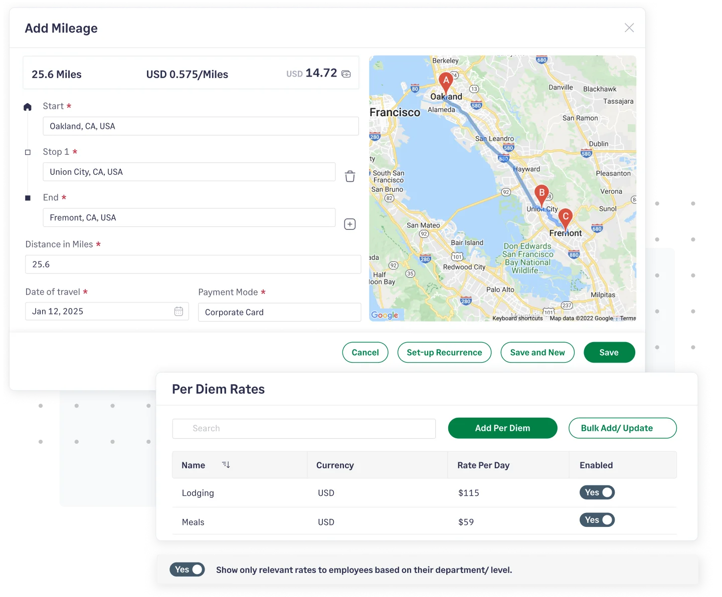 Fyle dashboard showing mileage entry and per diem rates