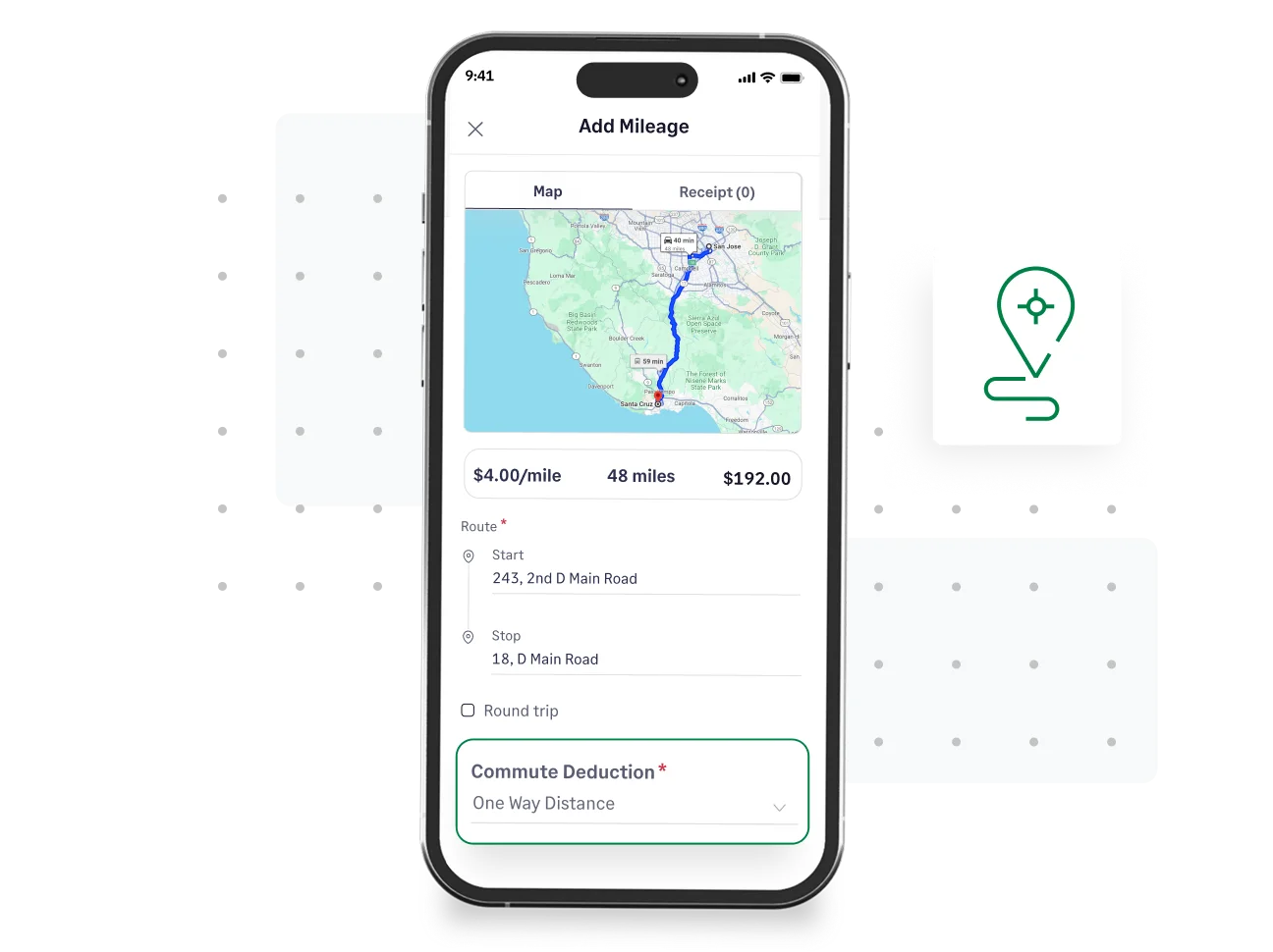 Fyle mobile app calculating mileage reimbursement using Google Maps and IRS rates