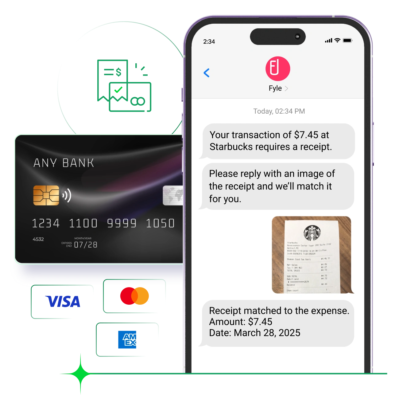 Fyle sends instant text alerts for card transactions and matches receipts in real time