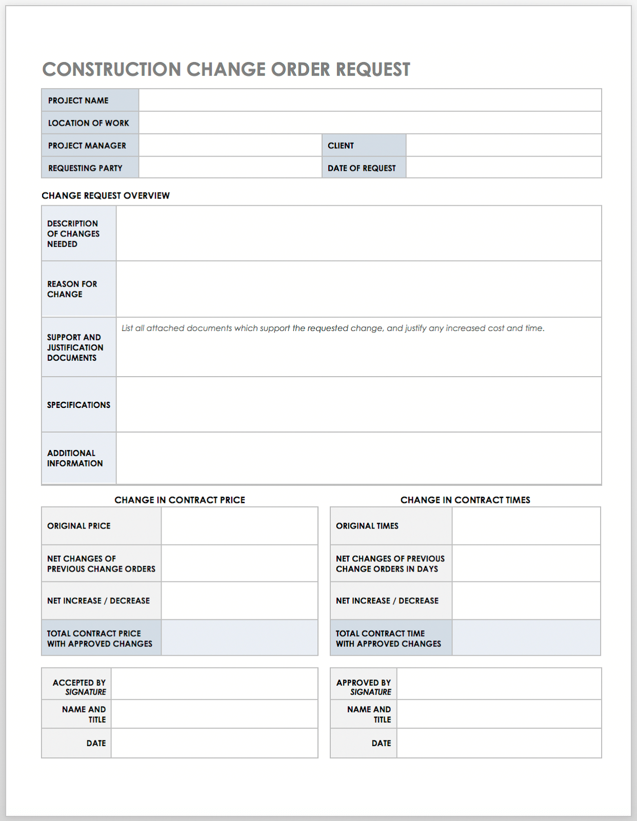 Construction Change Order request sheet