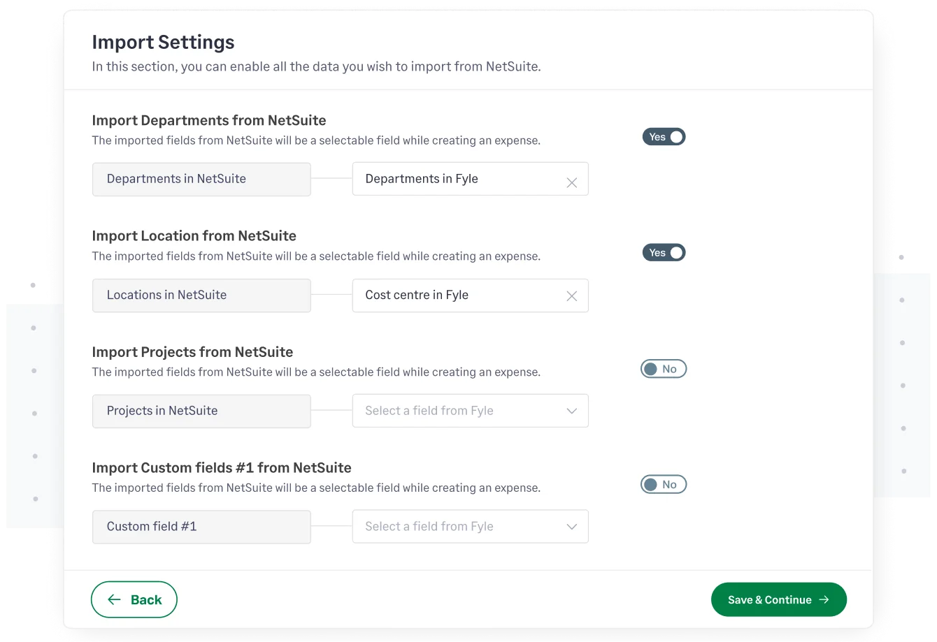 Fyle imports departments, locations, projects, and custom fields directly from NetSuite for accurate expense tagging
