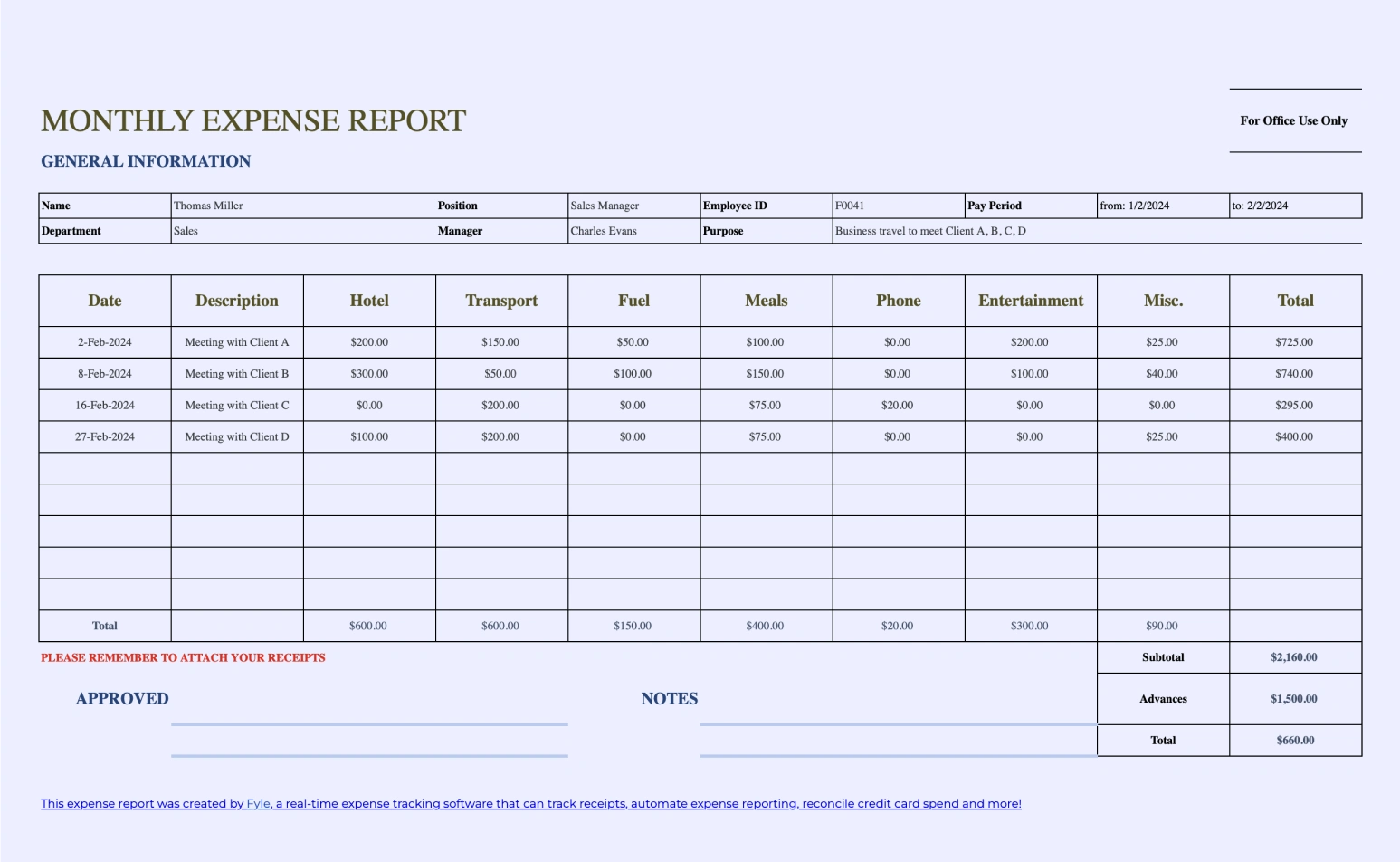 Monthly Expense Report Template