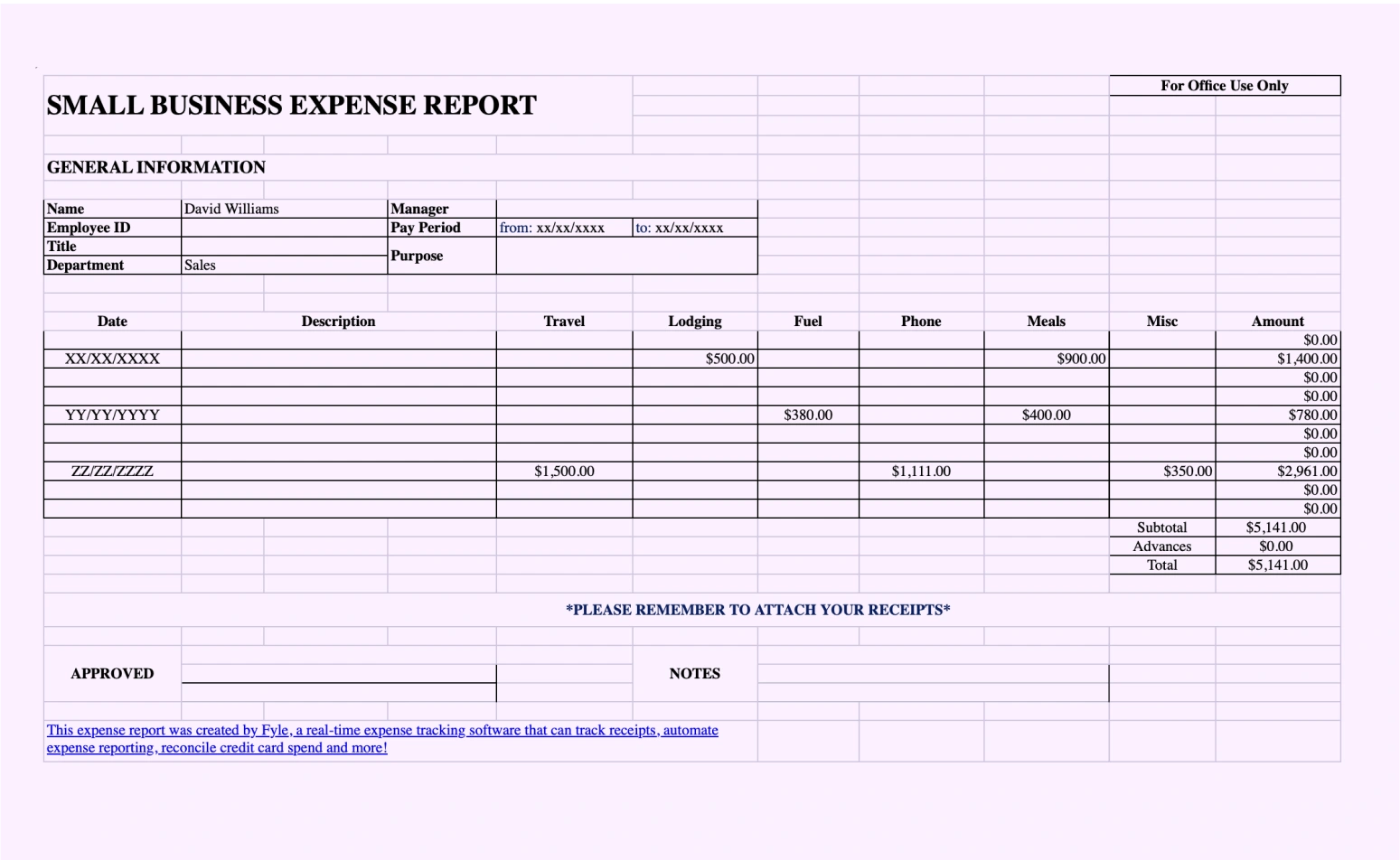 Small Business Expense Report Template
