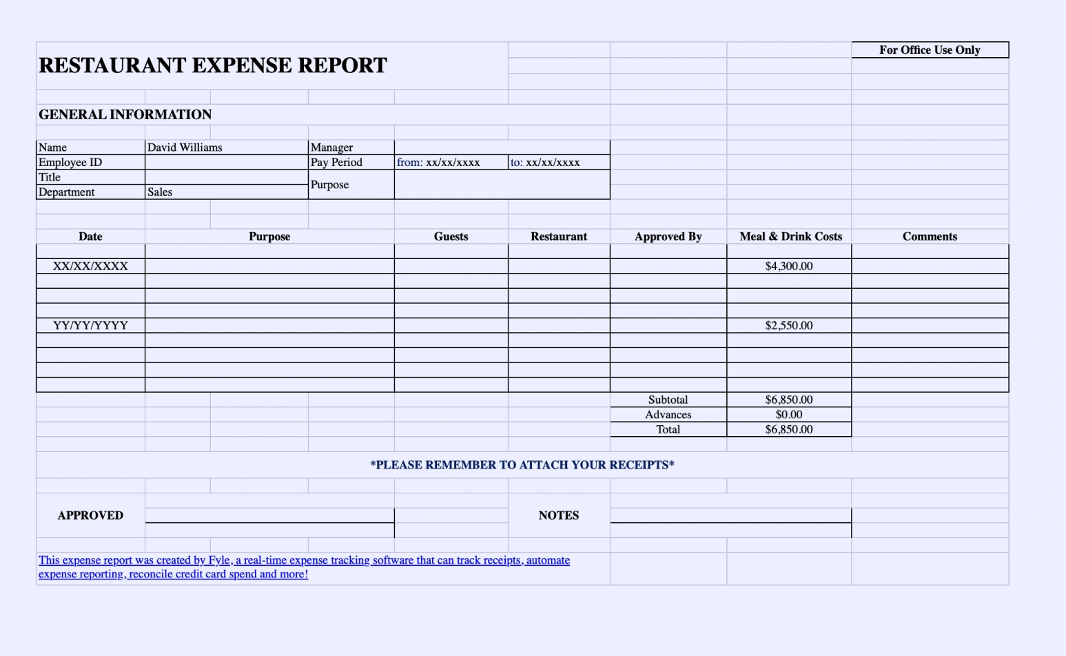 Restaurant Expense Report Template