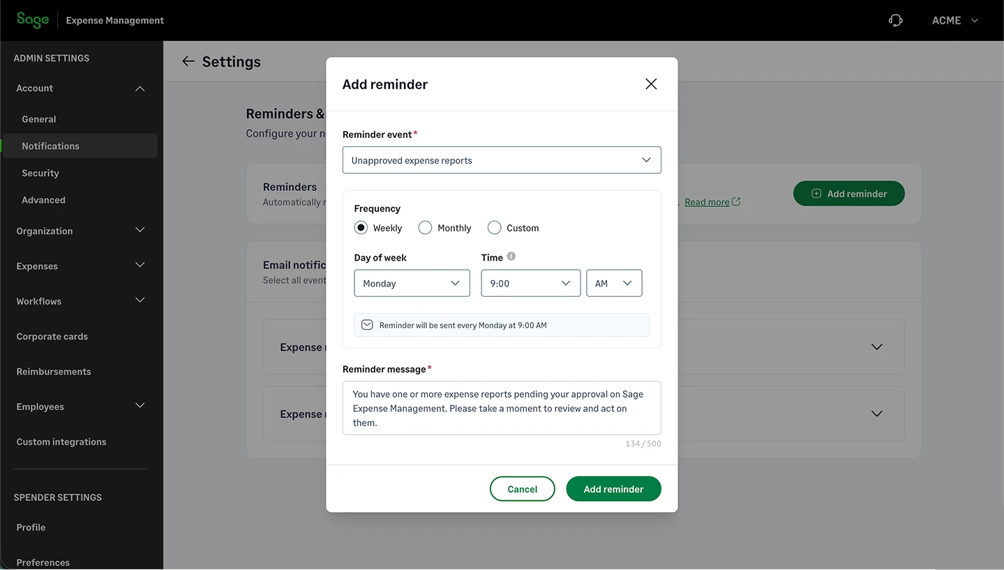 Setting up a custom reminder for unapproved expense reports in Sage Expense Management.