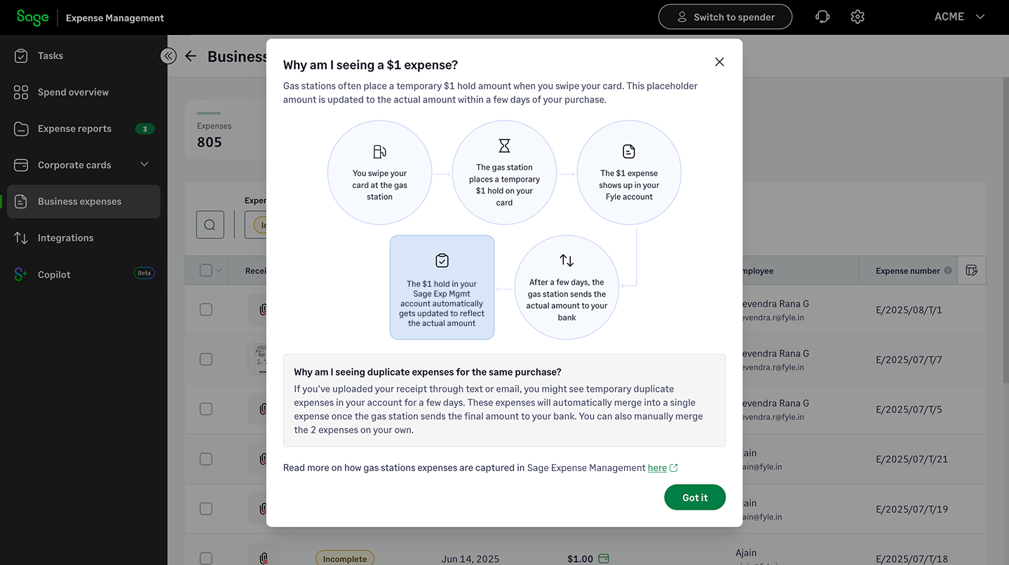 Simplified gas charge tracking in Sage Expense Management