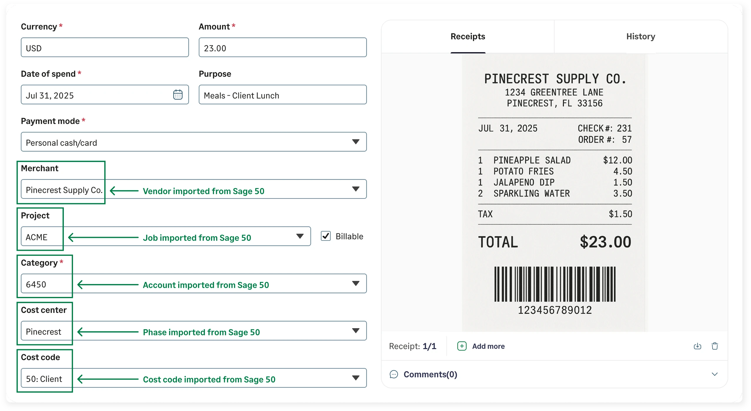 Fields imported from Sage 50 available for employees to code expenses