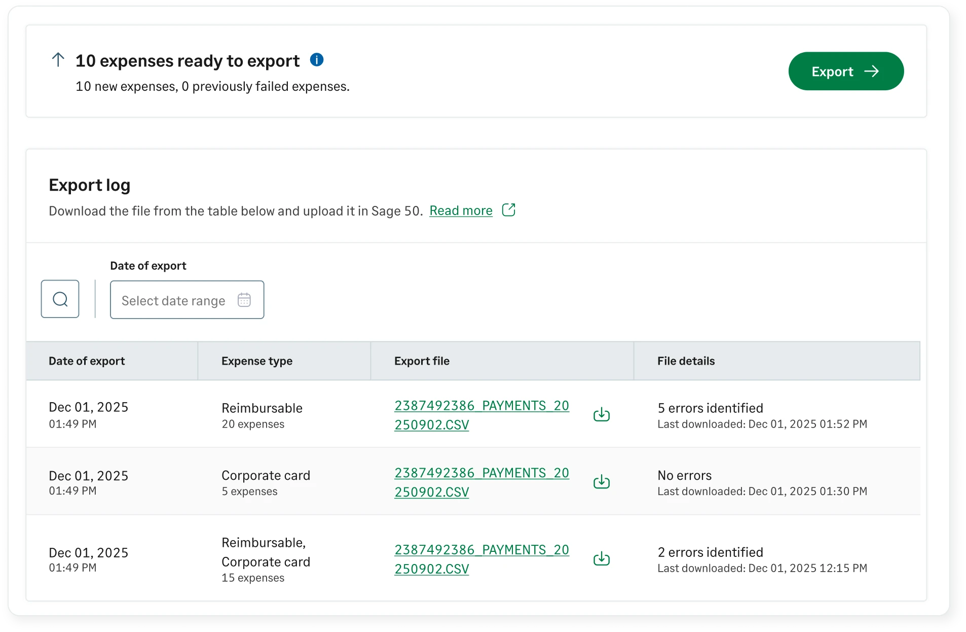 Export log and expense files ready to upload to Sage 50