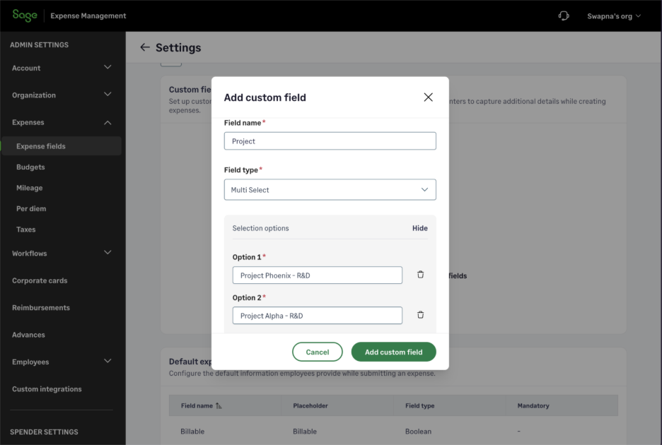 Setting up custom fields in Sage Expense Management