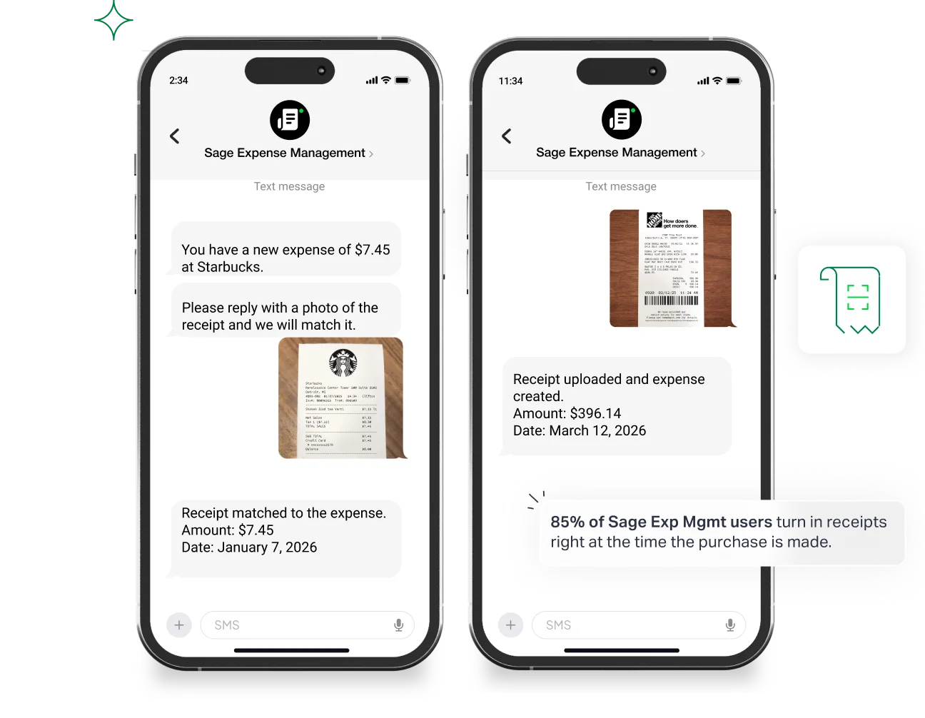 Instant receipt capture via text message in Sage Expense Management