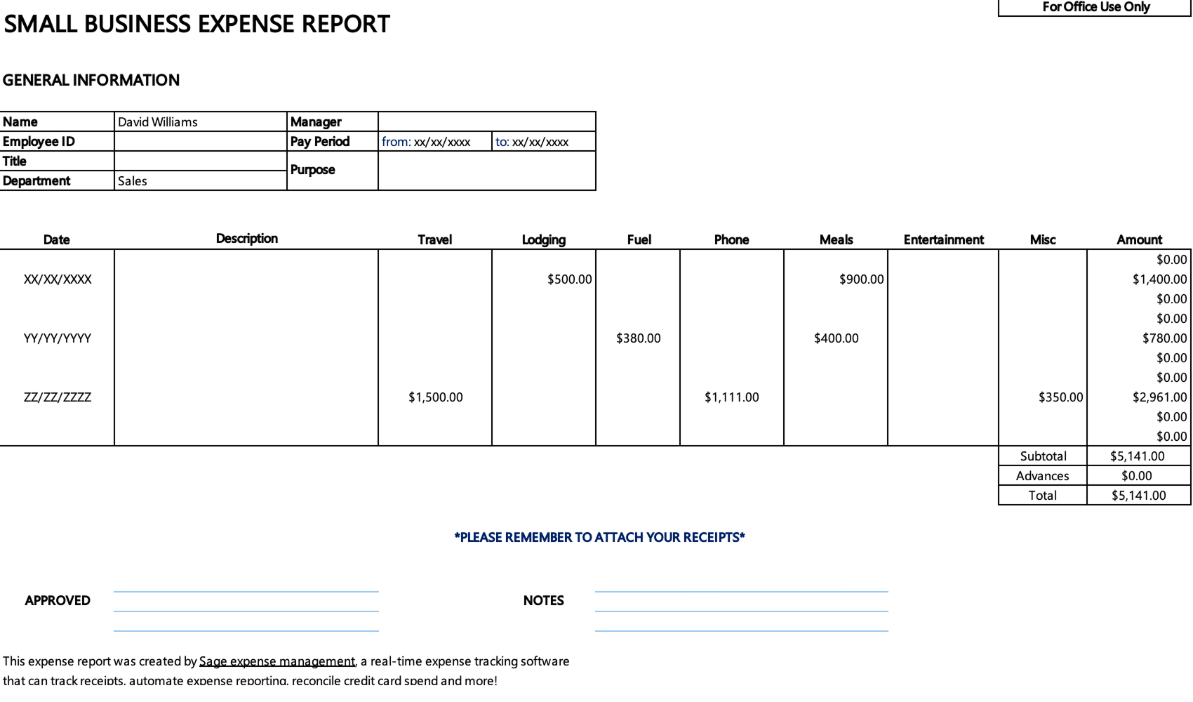 Small business expense report template