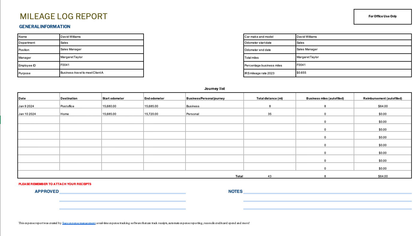IRS mileage expense report template