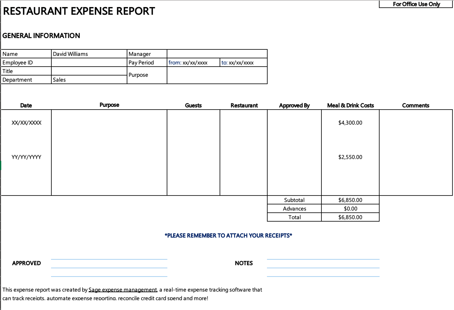 Restaurant expense report template