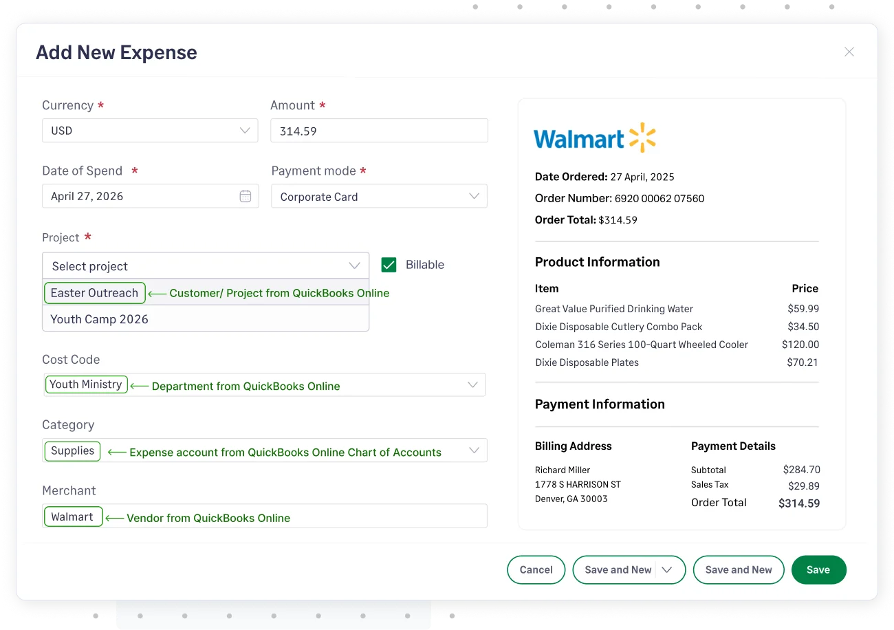 Coded church expense with QuickBooks Online fields in Sage Expense Management