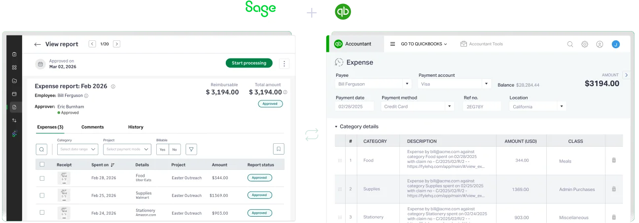 Sage Expense Management exports approved church expenses directly to QuickBooks