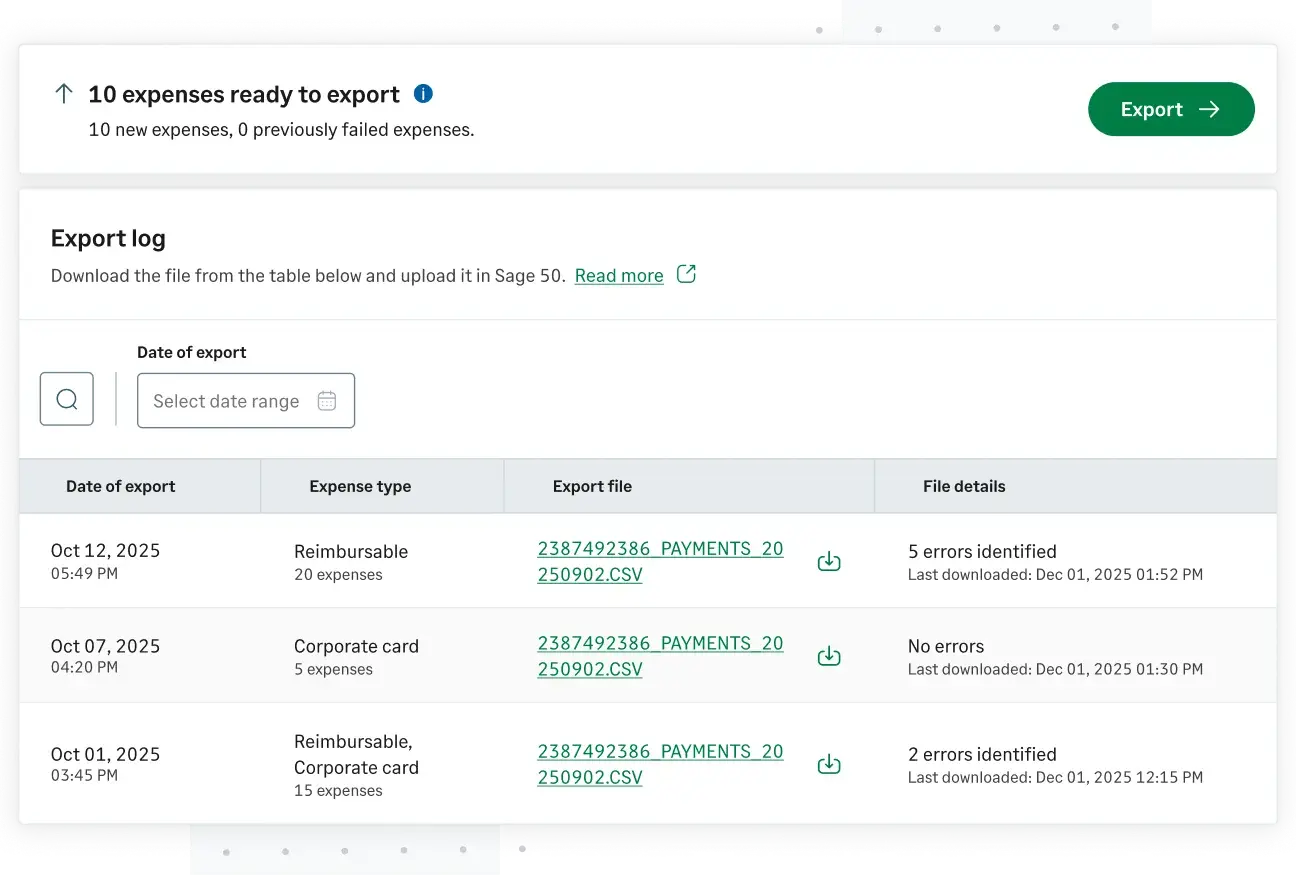Sage Expense Management prepares structured church expense files for Sage 50 export