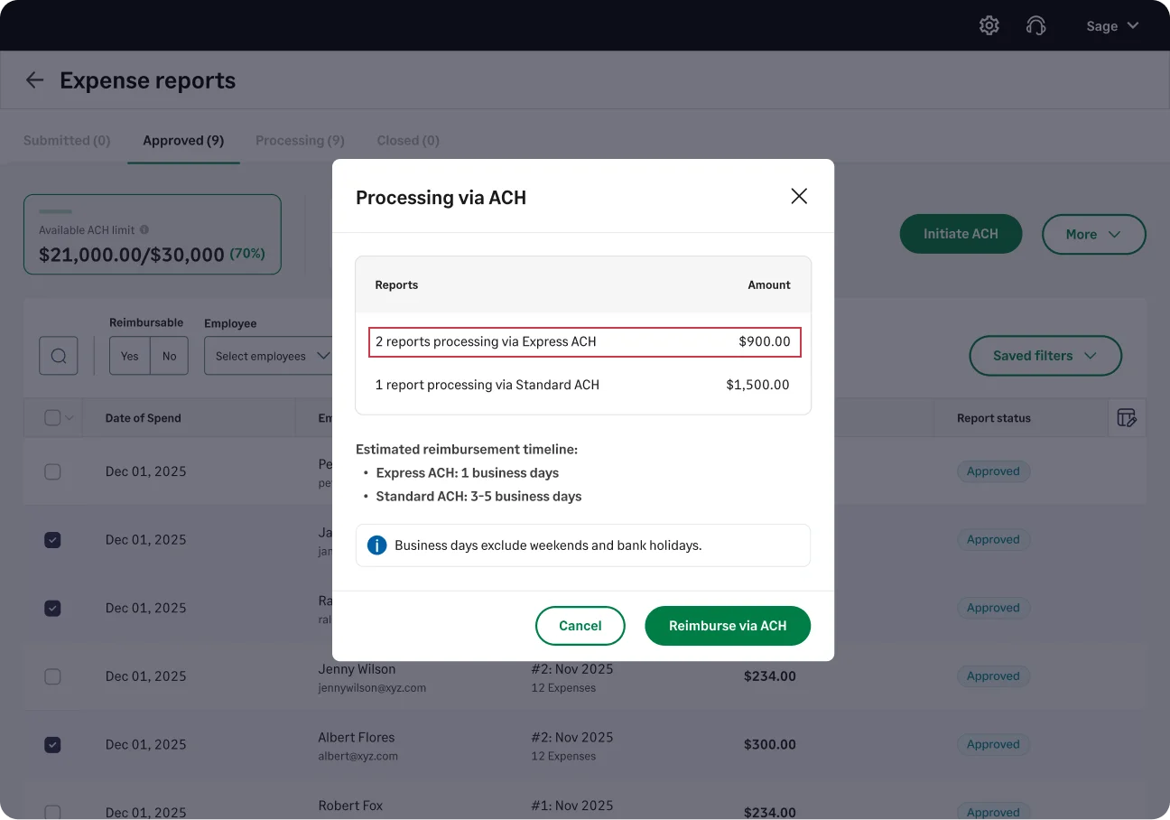 Expense reports processed via Express ACH in Sage Expense Management