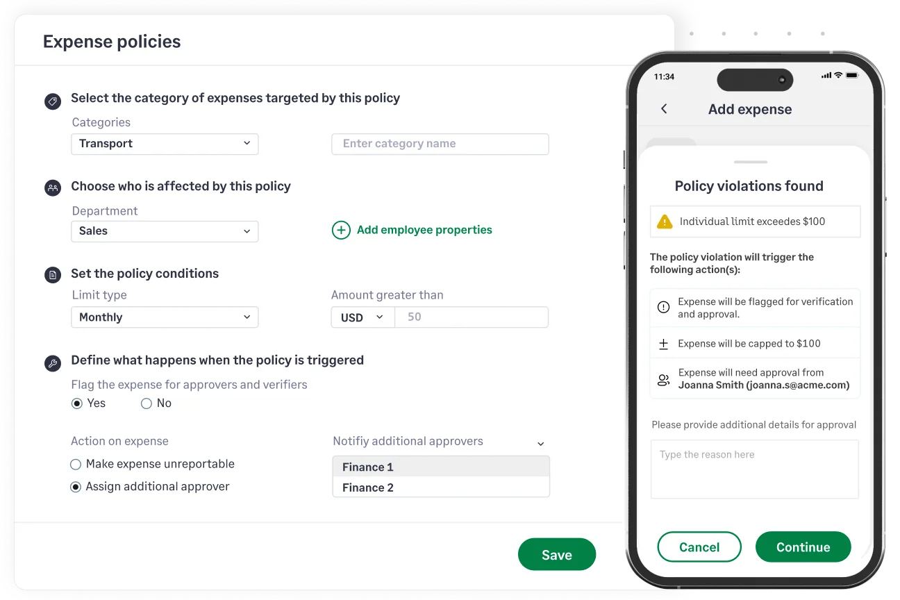 Expense policy violation detected automatically during expense submission in Sage Expense Management