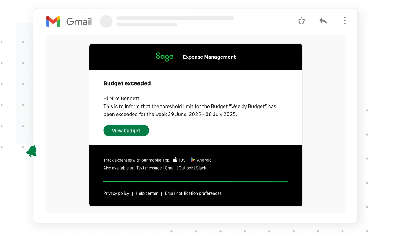 Budget threshold alert email when expense budget limit is exceeded in Sage Expense Management
