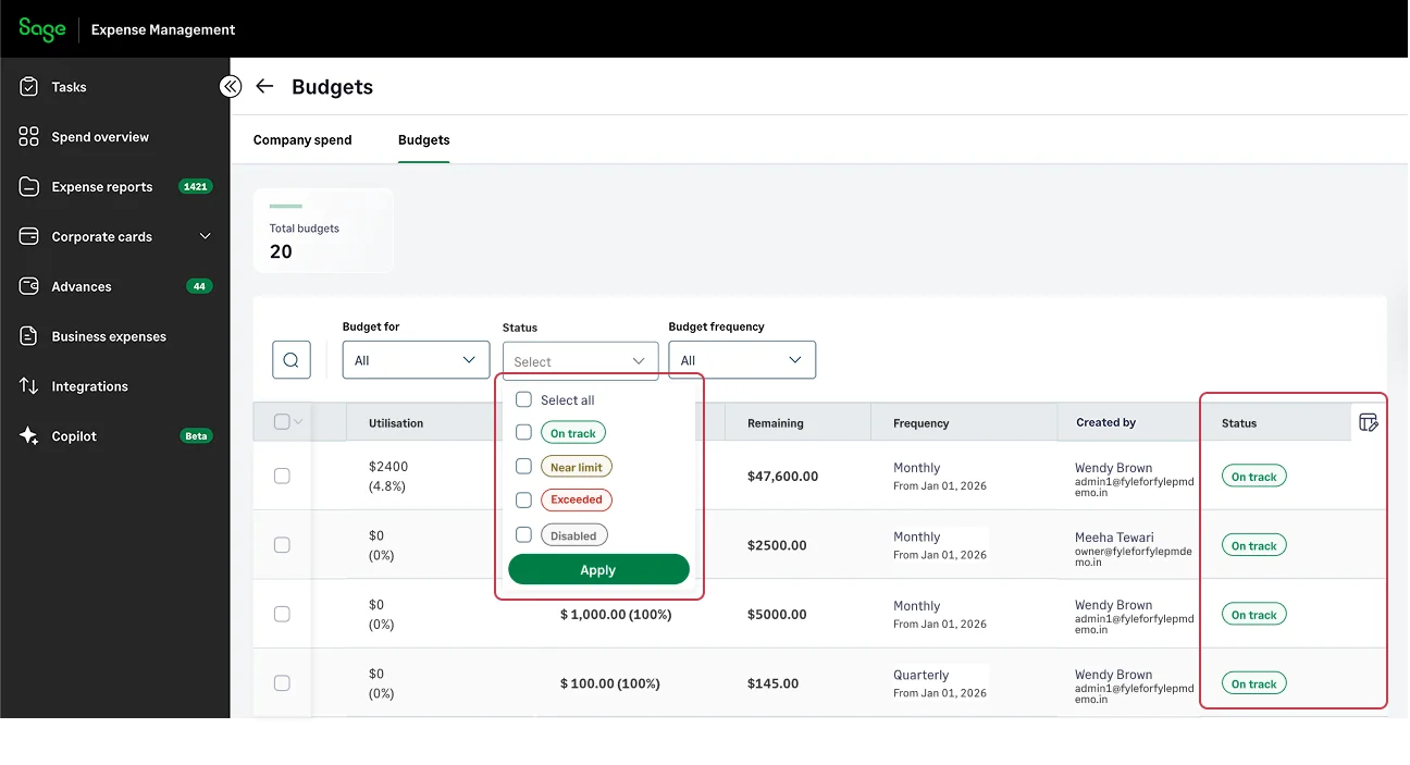 Expense budgets dashboard showing utilization, remaining balance, and budget status in Sage Expense Management