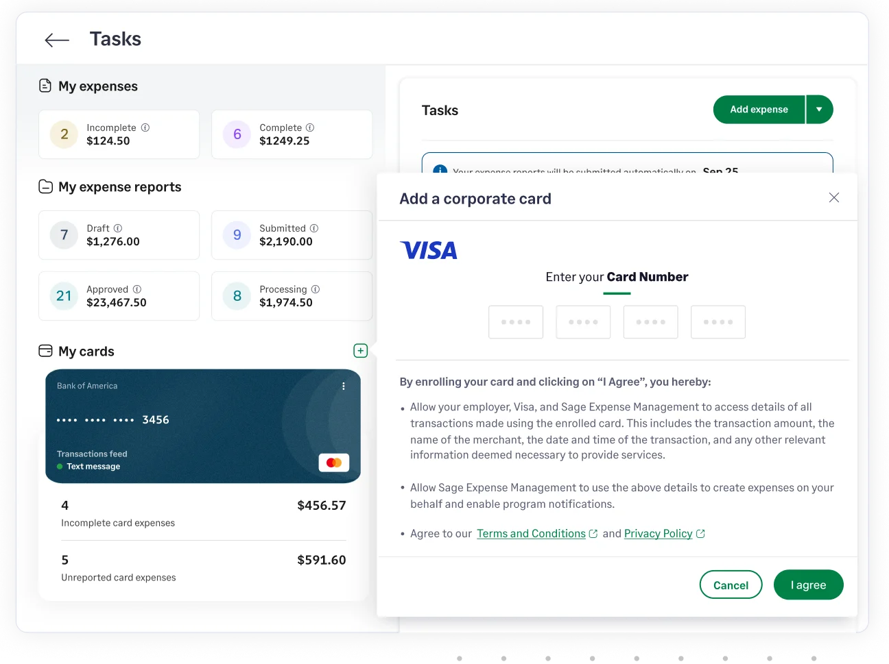 Setting up corporate card with direct bank feeds in Sage Expense Management for automatic transaction import