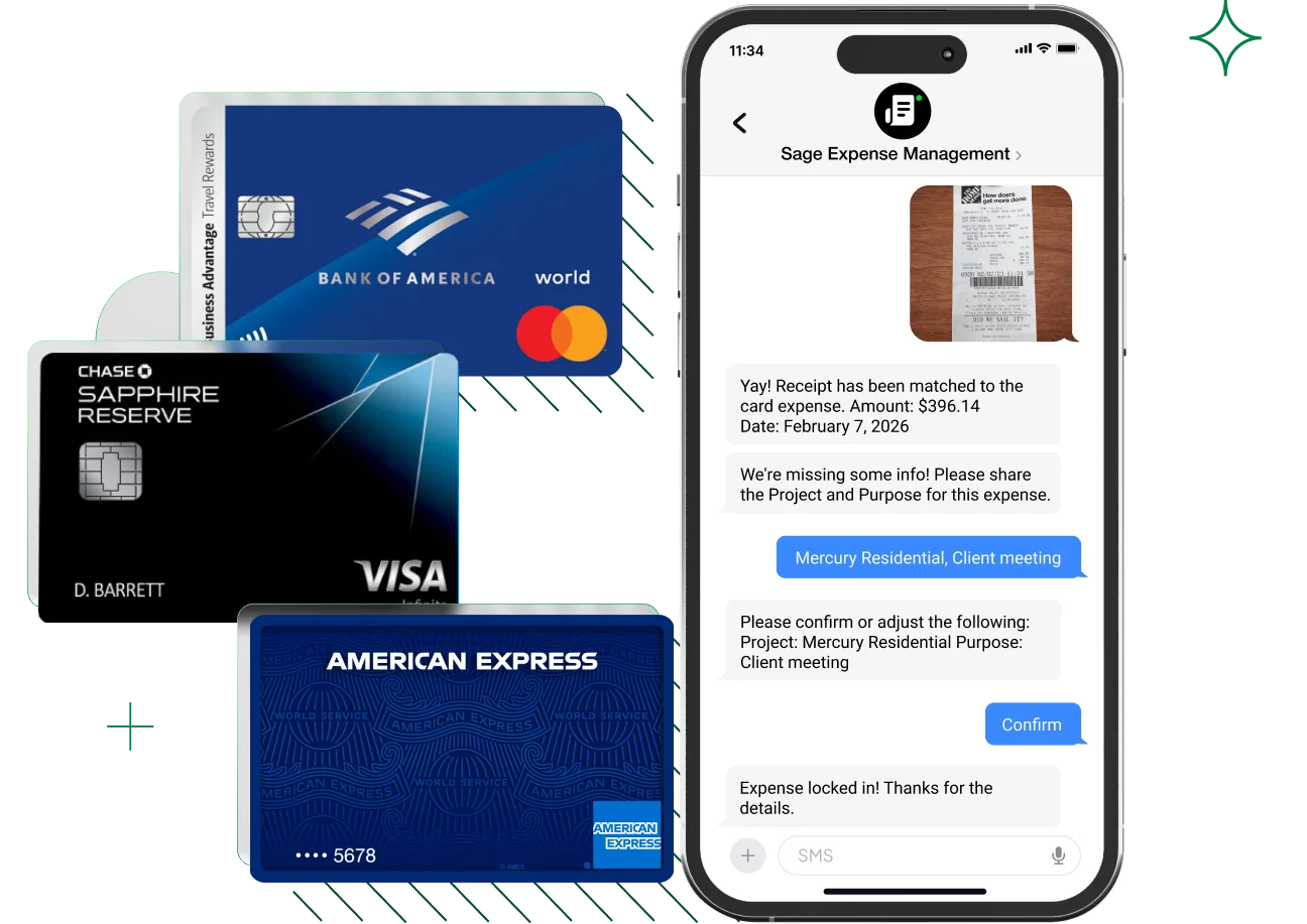 Real-time card network feeds in Sage Expense Management showing Visa, Mastercard, and Amex transactions syncing instantly with receipt matching via mobile.
