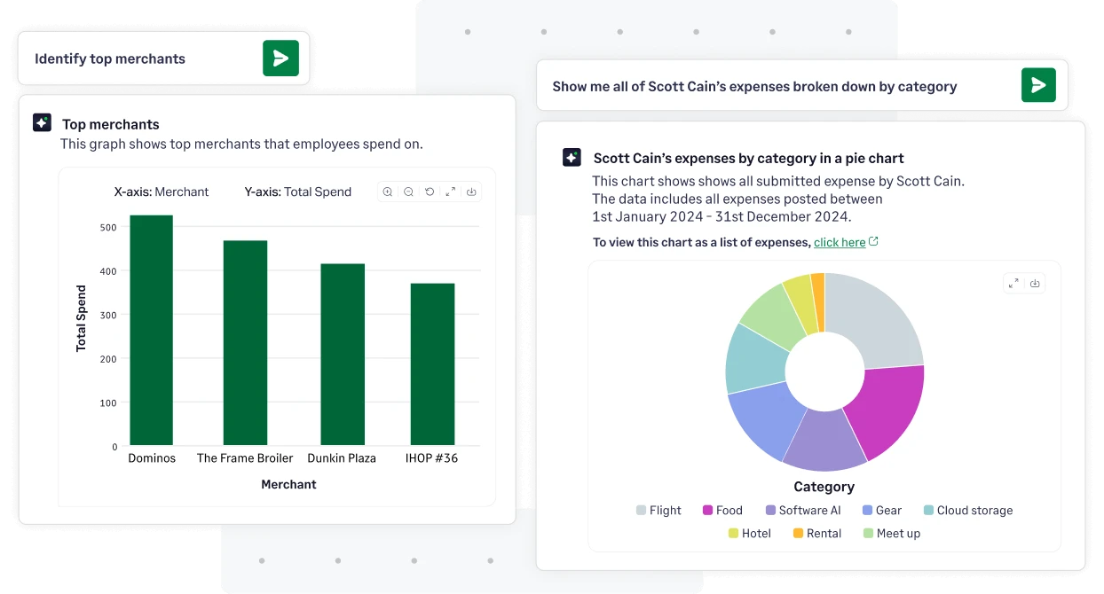 Sage Expense management copilot identifying top merchants from a month and showing an employees spend by category