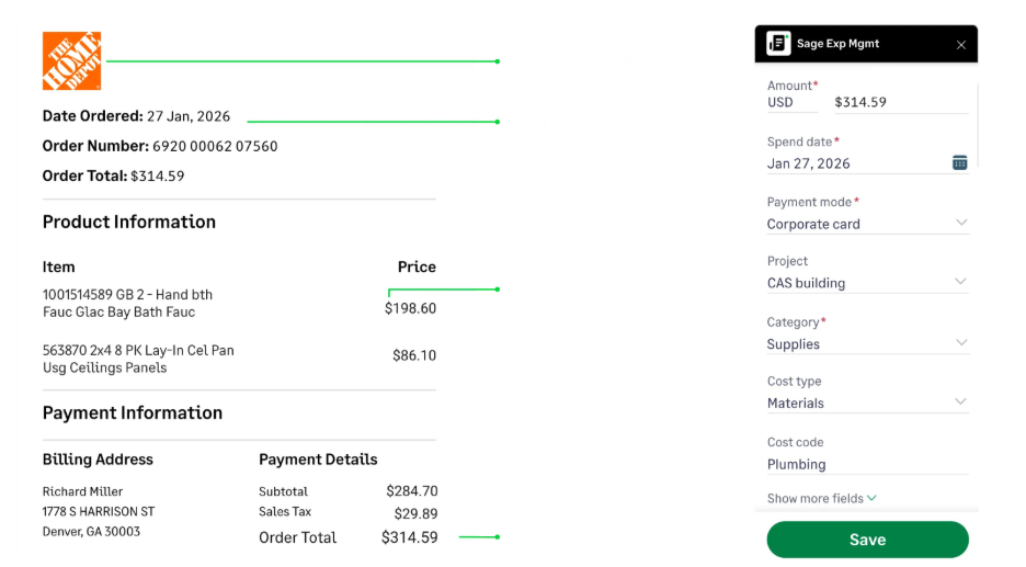Mockup of Sage Expense Management extracting receipt data