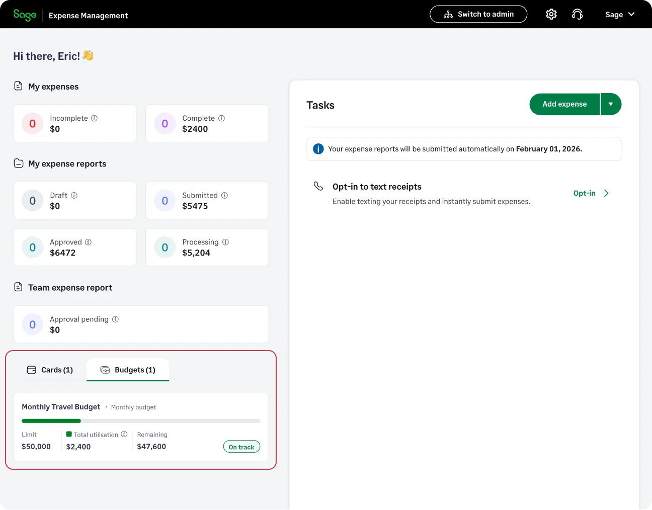 View budget usage and remaining spend in real time with Sage Expense Management