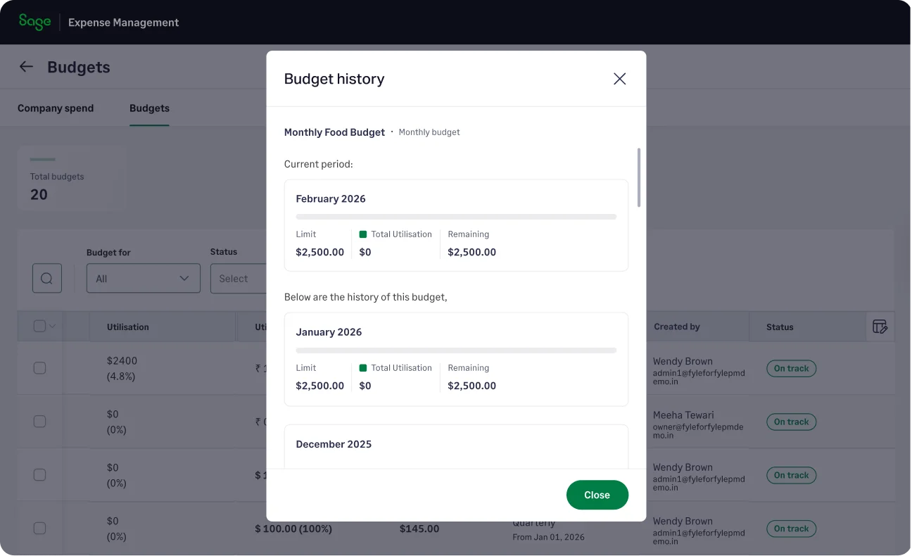 Track historical budget usage and spending trends in Sage Expense Management