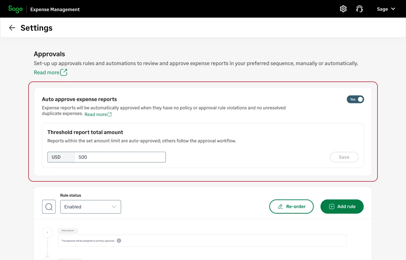 Automatically approve expense reports based on predefined rules in Sage Expense Management