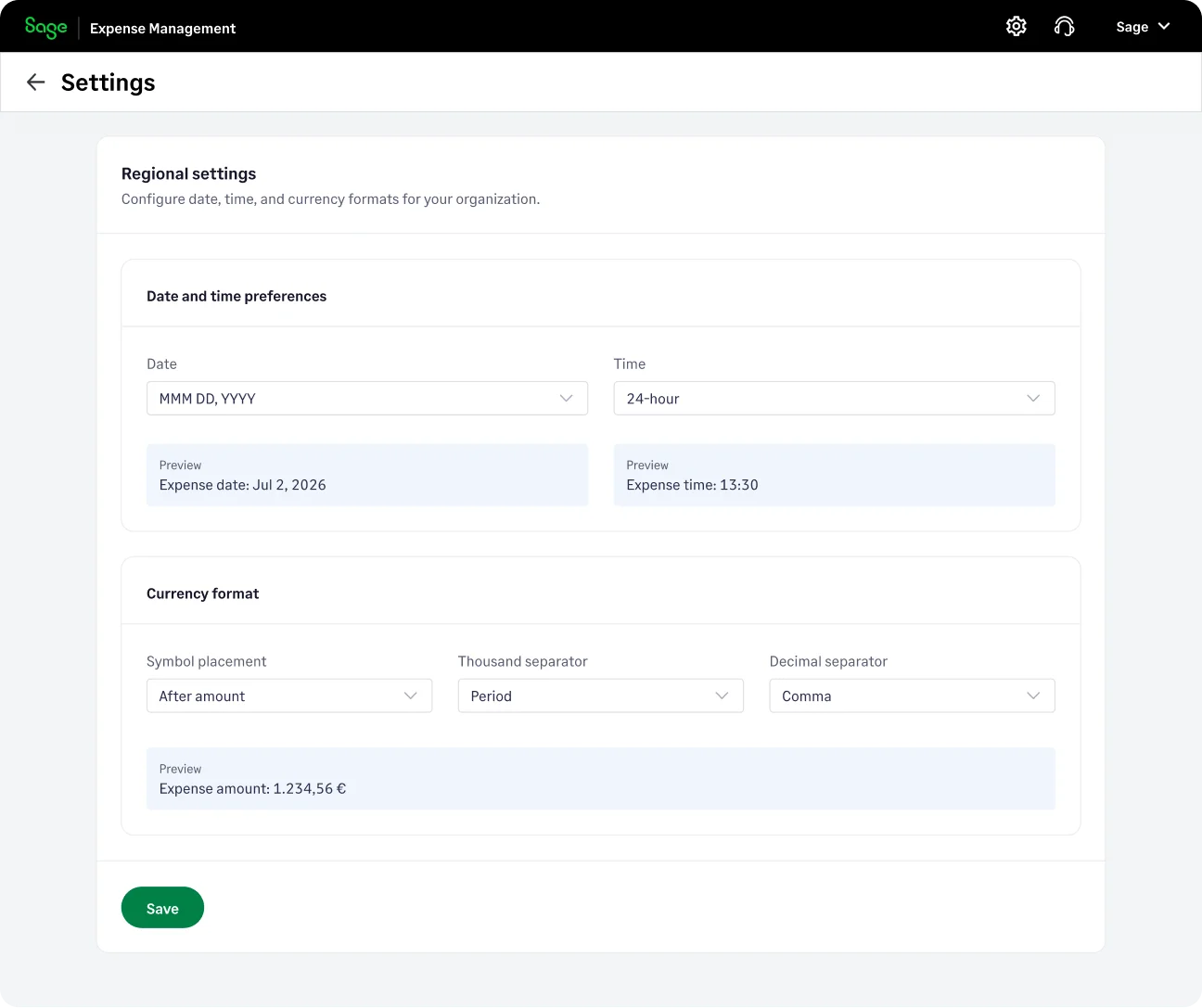 Configure date, time, and currency formats based on regional preferences in Sage Expense Management
