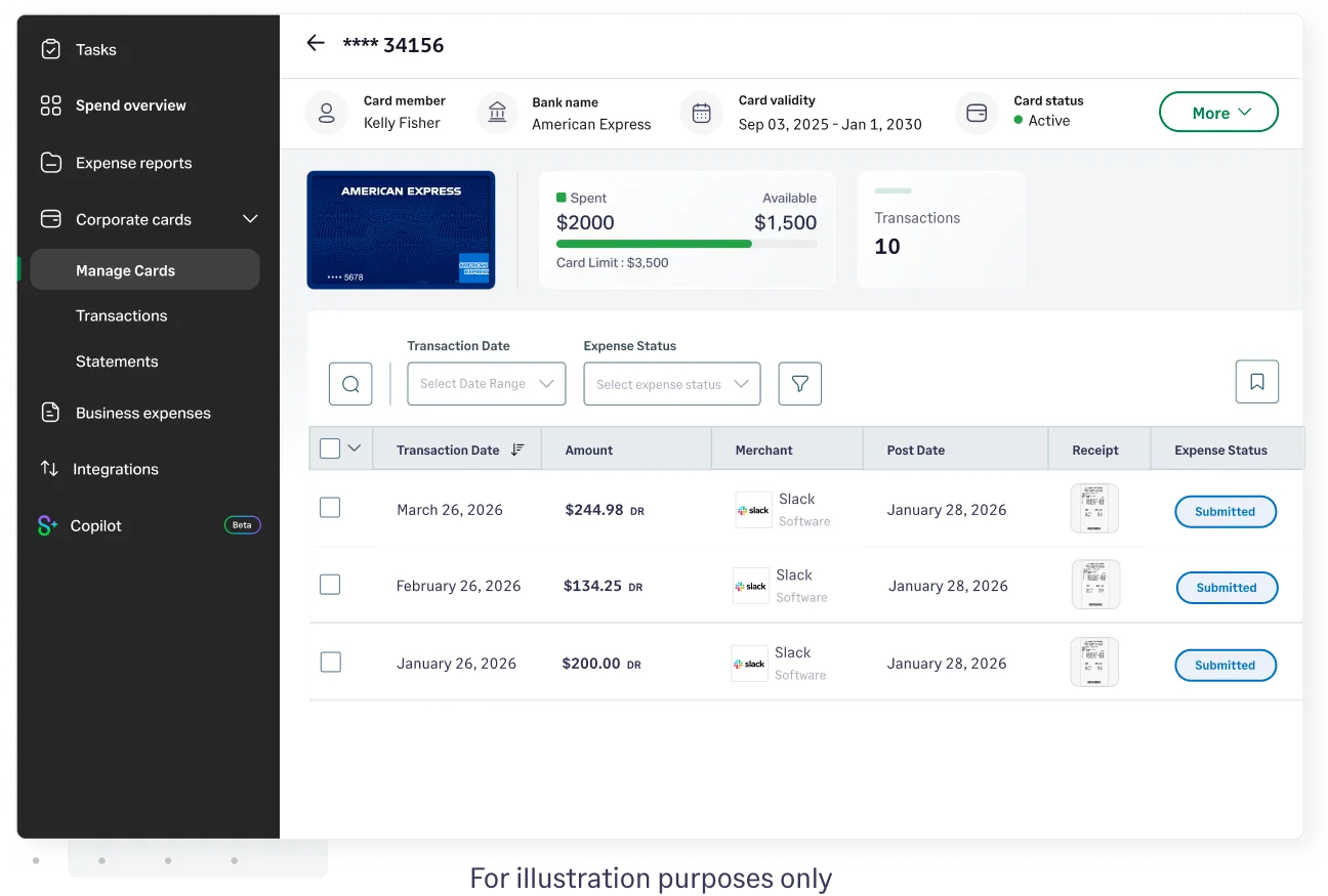 Image of Sage Expense Management's dashboard to manage employee credit cards