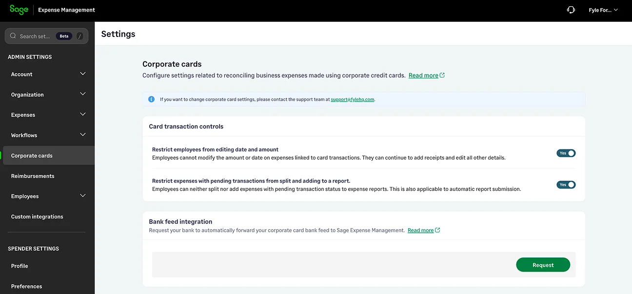 Admin settings for controlling edits to card-linked expenses, including restrictions on amount and date changes