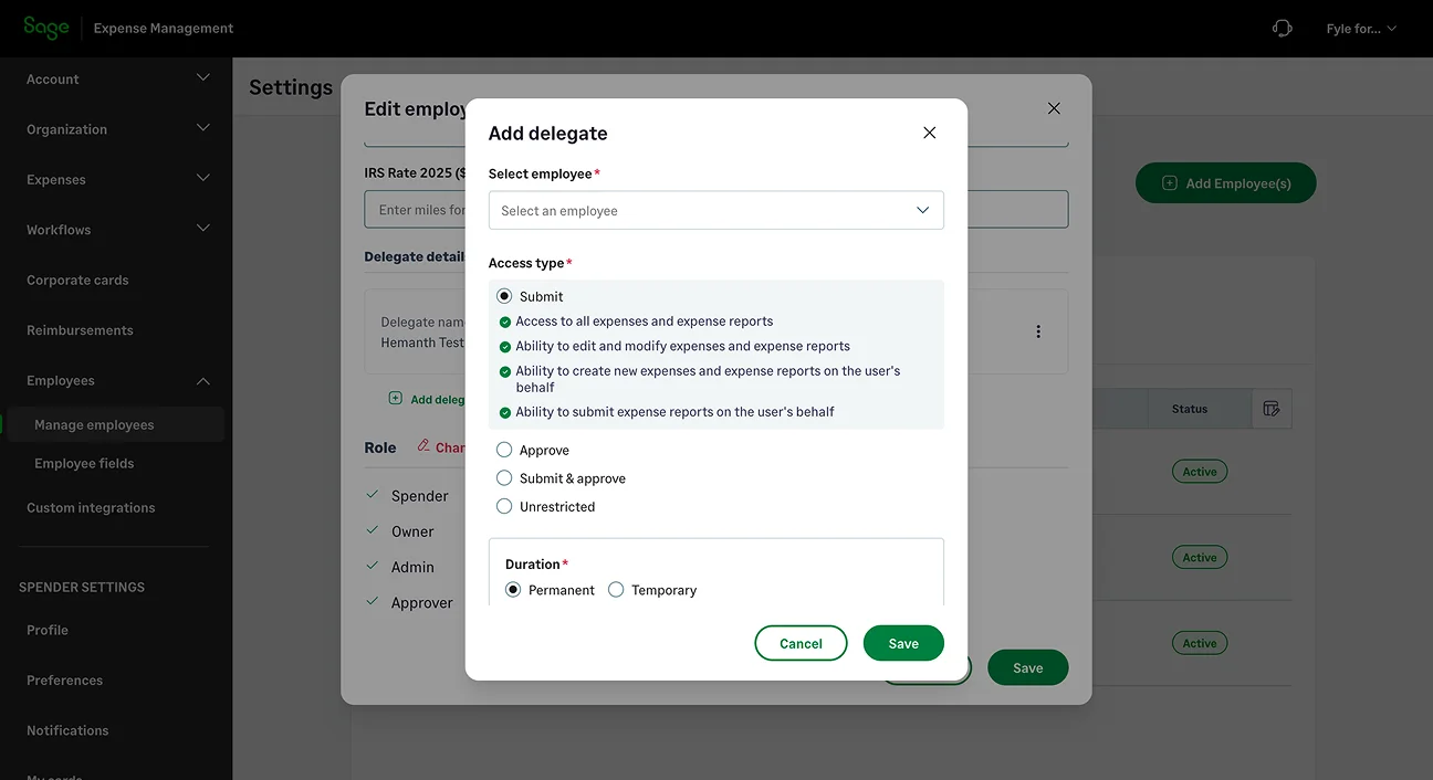 Delegate management settings showing customizable access levels for expense submission and approvals
