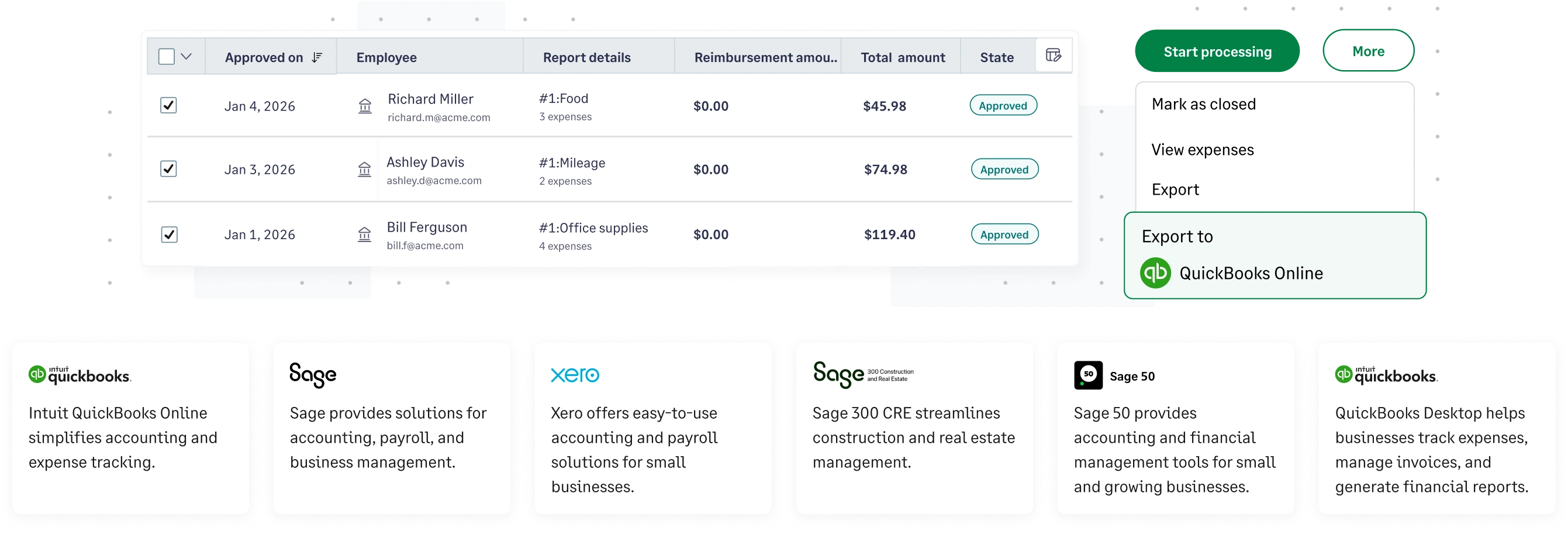 Sage Expense Management dashboard showing expense export options to QuickBooks, Sage, and Xero