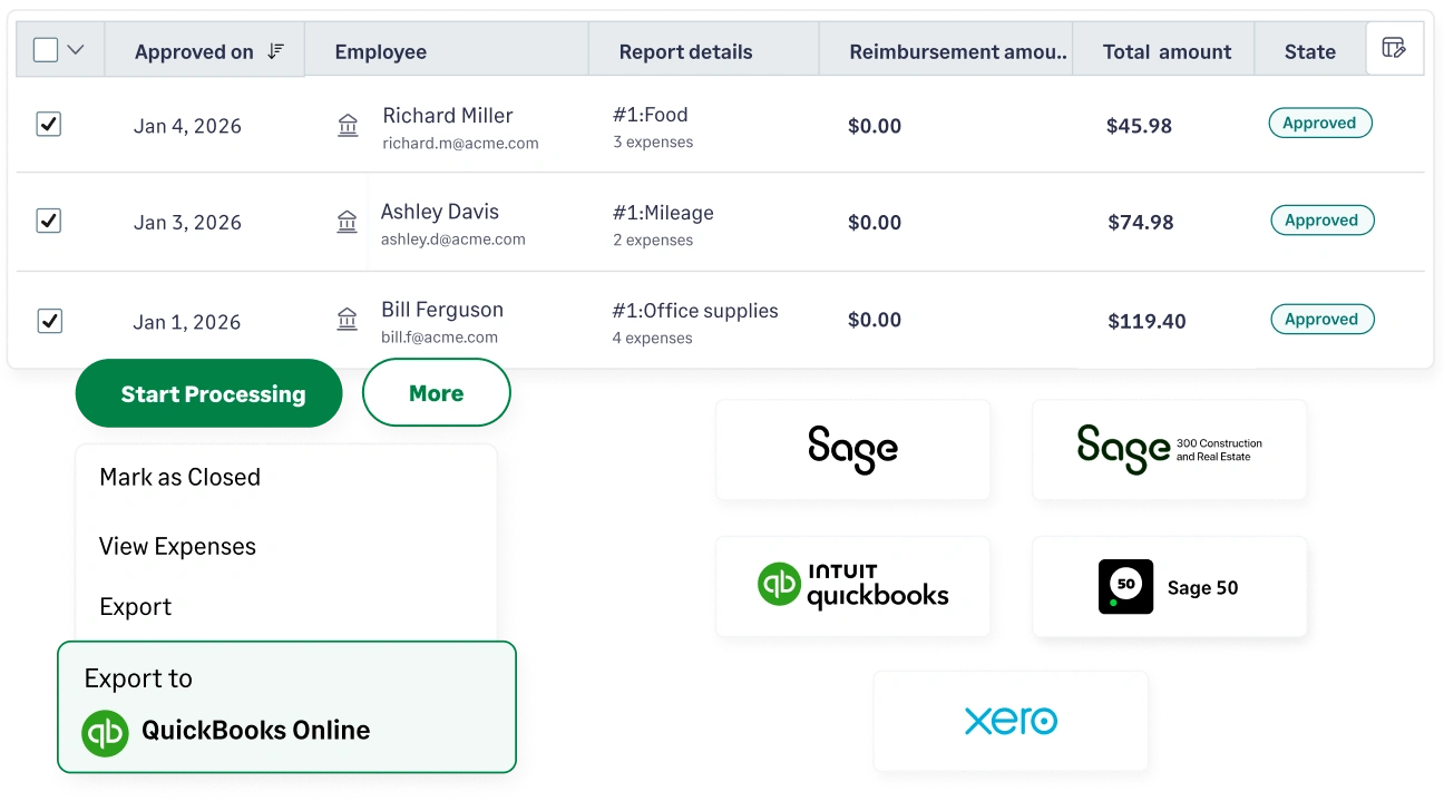 Fyle integrates with accounting software like QuickBooks, Sage Intacct, Xero and more.