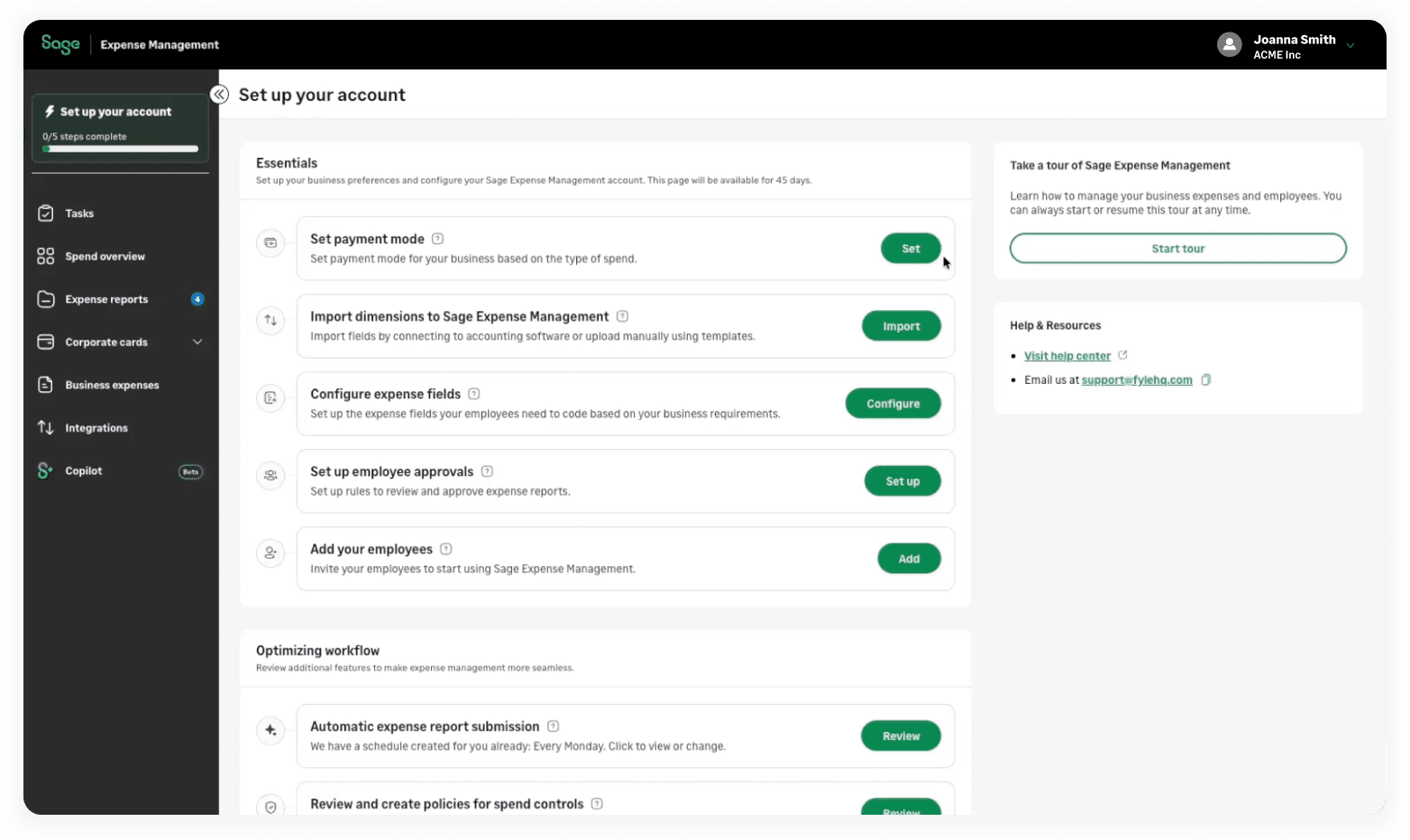 Sage Expense Management guided account setup dashboard showing steps to configure payment modes, expense fields, approvals, and employees