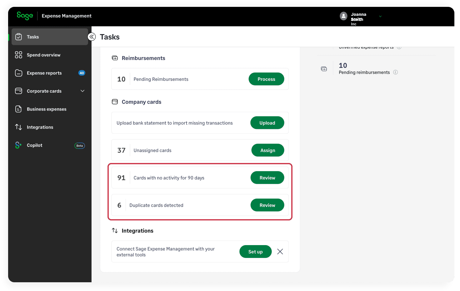 Sage Expense Management admin tasks dashboard highlighting inactive cards and potential duplicate cards for review