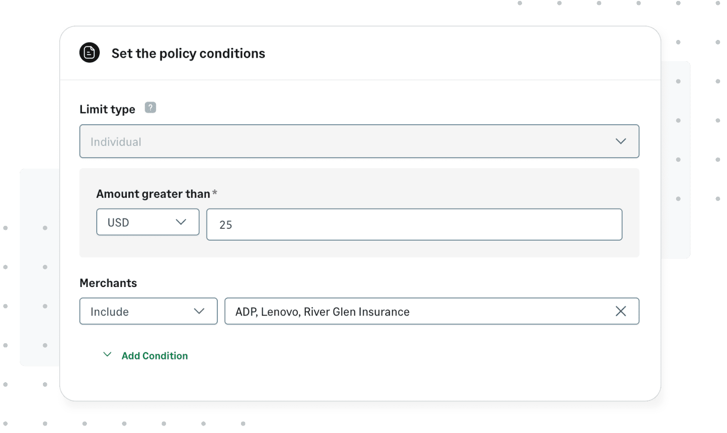 Sage Expense Management receipt policy settings showing merchant-based conditions for expenses over $25