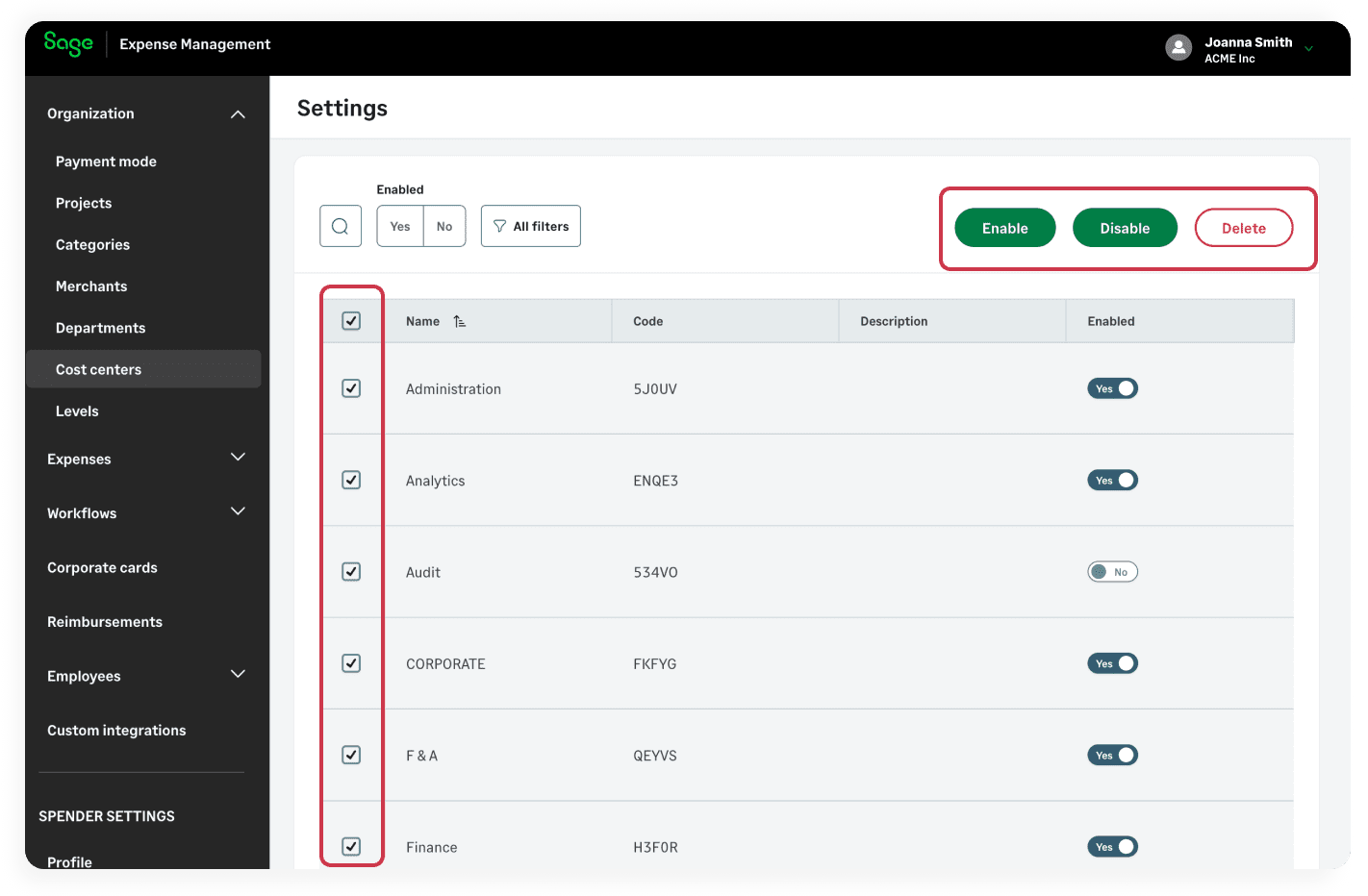 Sage Expense Management admin settings showing bulk selection of cost centers with options to enable, disable, or delete multiple values