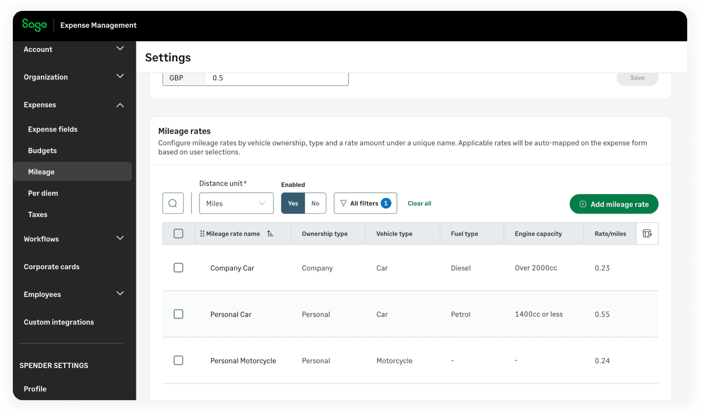 Sage Expense Management UK mileage settings showing rates by vehicle ownership, vehicle type, fuel type, and engine capacity