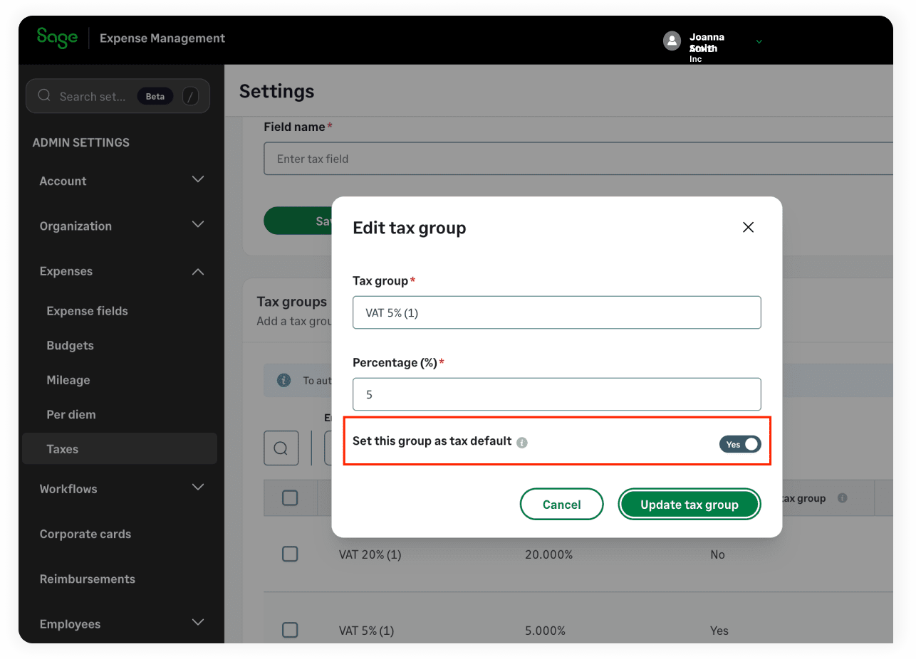 Sage Expense Management tax settings showing the option to set a 5% UK VAT tax group as the default